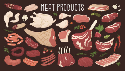 Set of meat products. Fresh chicken, beef, pork fillet  and sausages. Different parts of the bodies of animals. Concept for farms and food markets. Vector illustration isolated on white background.