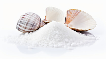 Fototapeta na wymiar Sea shells and salt isolated on white background