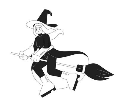 Good witch flying on broomstick monochromatic flat vector character. Editable full body silver hair woman doing magic tricks on white. Simple bw cartoon spot image for web graphic design