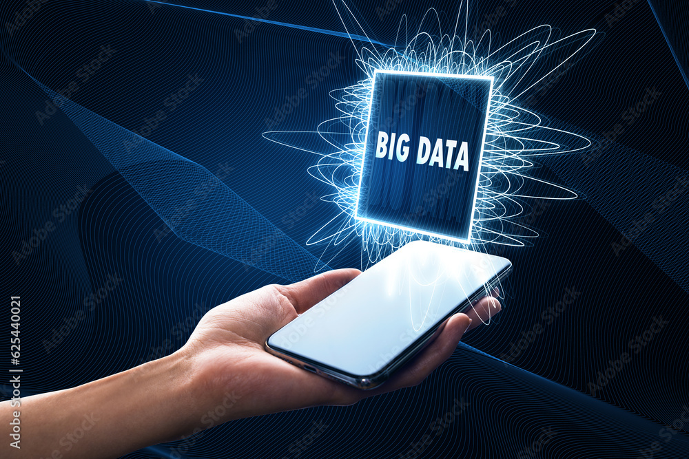 Poster close up of female hand holding blank white mock up mobile phone with creative big data chip on blur