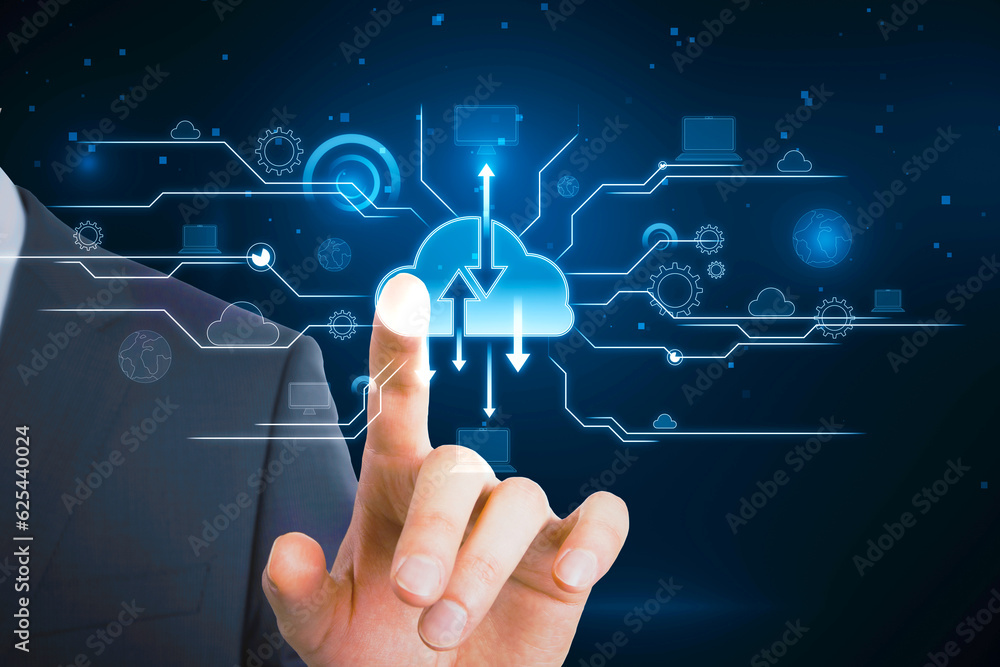 Poster Cloud service and information exchange concept with man finger on virtual touch screen with digital cloud symbol and arrows on abstract dark background