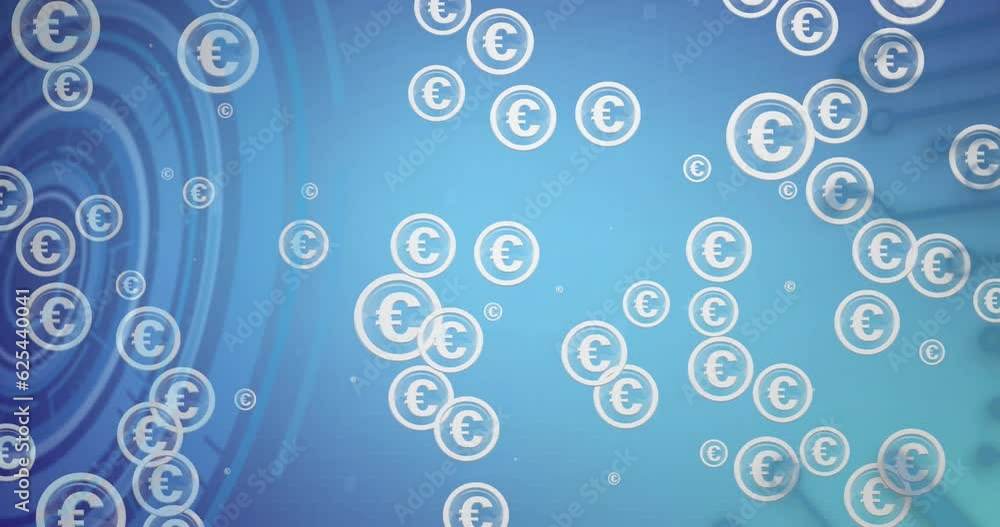 Poster animation of euro currency signs in circles and computer language on blue background