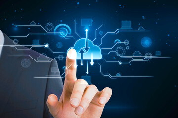 Cloud service and information exchange concept with man finger on virtual touch screen with digital cloud symbol and arrows on abstract dark background