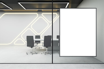 Naklejka premium Blank white poster on modern futuristic meeting room background, mockup. 3D Rendering