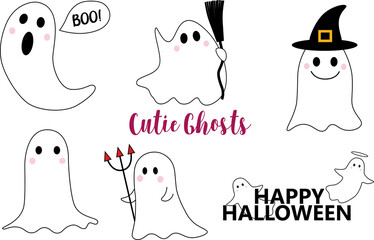 Cutie ghosts collection design for halloween festival. Six pretty ghosts character in set with happy halloween text decoration.
