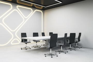 Fototapeta na wymiar Perspective view of light modern futuristic conference room with neon backlit. 3D Rendering