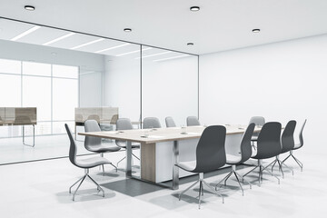 Modern empty design meeting room surrounded by glasses walls, concrete floor and white ceiling. 3D Rendering
