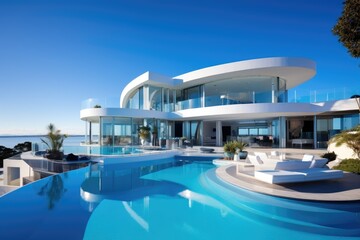 Fototapeta premium Luxurious home with a picturesque view of the clear blue sky.
