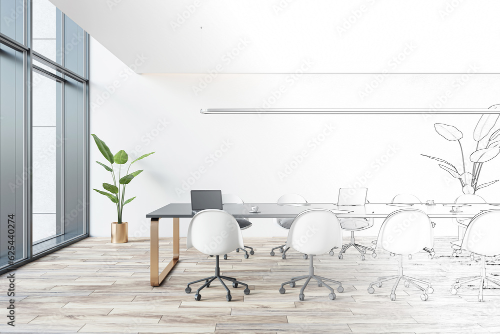 Poster side view of design project of modern conference room with office table and chairs. 3d rendering
