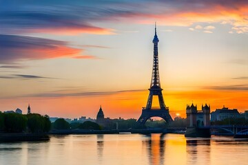 eiffel tower at sunset generated by AI technoogy