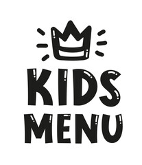 Kids menu. Logo for banner, flyer, poster design. Meal menu vector template. Kids food concept. Cute colorful illustration. Children nutrition logo symbol. Funny label kids food menu.