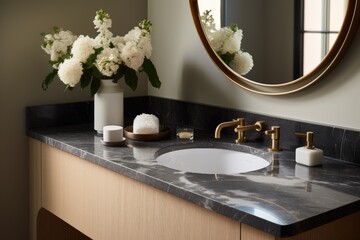The bathroom boasts an exquisite design featuring a white oak vanity, a marble countertop, elegant golden fixtures, and a sleek circular mirror in black.