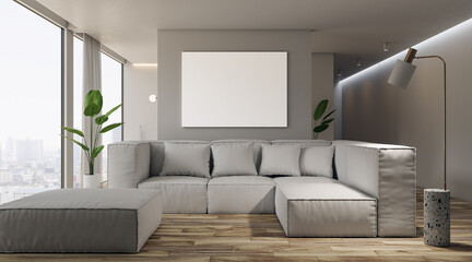 Modern light living room with empty white mock up banner, wooden flooring, window and city view, furniture. Interior design concept. 3D Rendering.