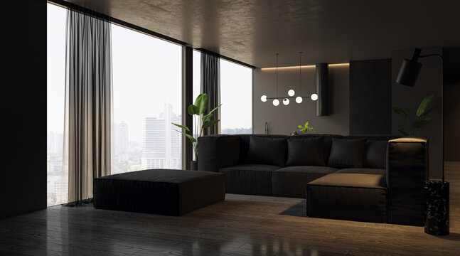 Contemporary dark living room with window and city view, furniture. Interior design concept. 3D Rendering.