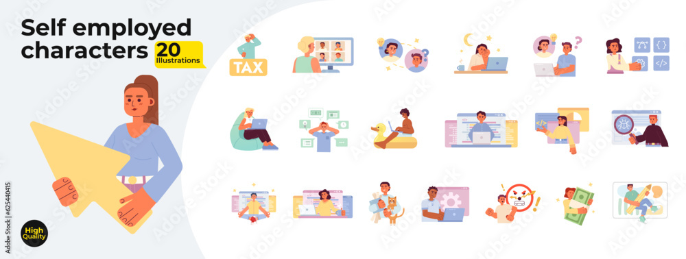 Poster freelancers with laptops flat concept vector spot illustrations bundle. self employed 2d cartoon cha