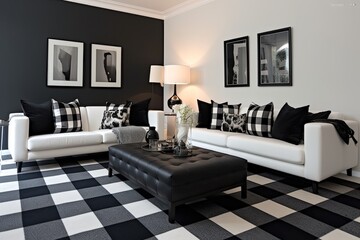 A contemporary living room design features a stylish interior adorned with pillows and a carpet, both displaying a chic checked pattern in the classic combination of black and white.