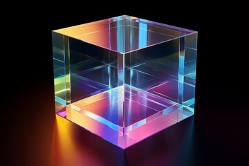 3d crystal glass cube with refraction and holograph.