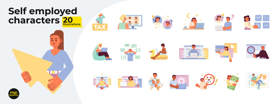 Freelancers with laptops flat concept vector spot illustrations bundle. Self employed 2D cartoon characters on white for web UI design. Remote work isolated editable creative hero image collection