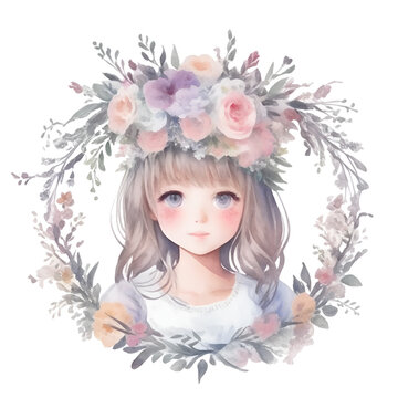 Watercolor Cute little girl with flower PNG illustration.
