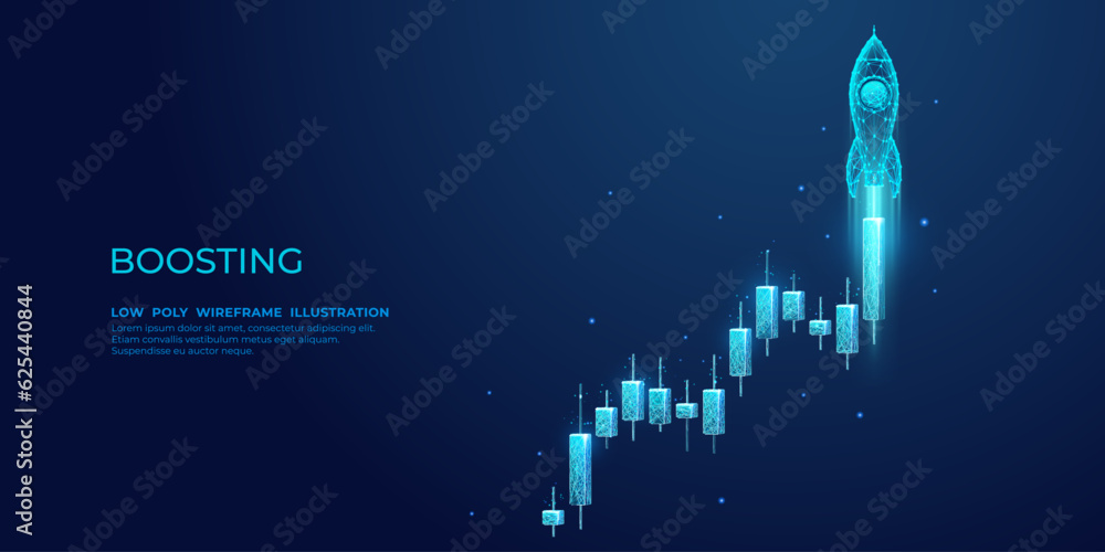 Poster Digital rocket launch from the stock market candlestick in outer space. Boosting of investment profit concept. Low poly wireframe vector illustration with 3D effect on technology blue background.