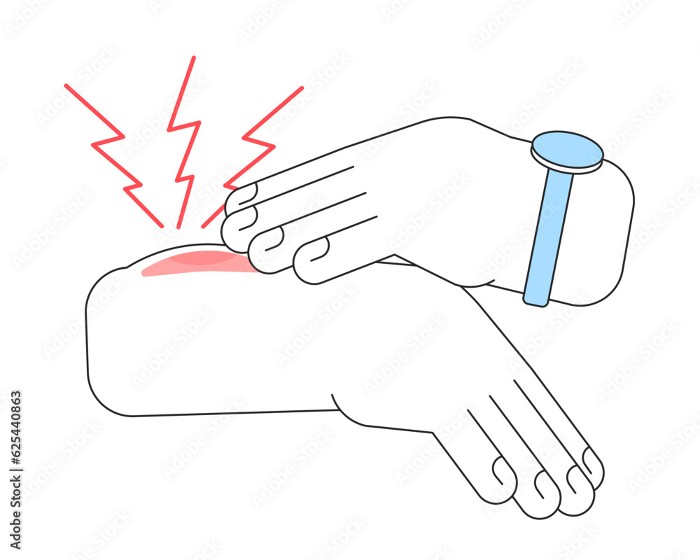 Poster hand touching painful injury flat line color isolated vector object. trauma with bruise. editable cl