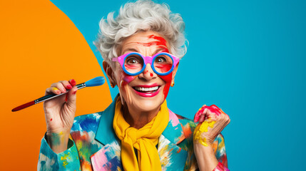 Elegant elderly female artist in a colorful smock with paint brushes on blue background - obrazy, fototapety, plakaty
