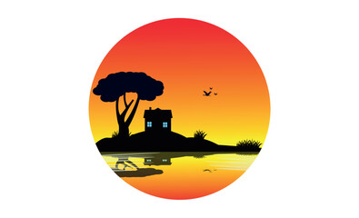Round vector isolated silhouette, of a home and dark red sky sunset bird and tree grass and lake.