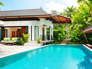 Fototapeta na wymiar Home or house building Exterior and interior design showing tropical pool, sky, property, real estate, 
