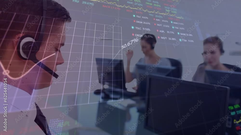 Canvas Prints Animation of financial data processing over diverse business people with phone headsets