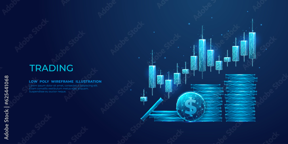 Leinwandbilder digital stock exchange trading. investment candle sticks and dollar coins in blue modern abstract po