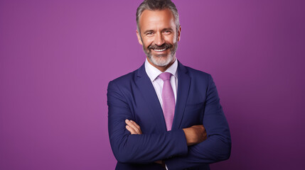 Confidence Embodied: Charismatic Senior Businessman in Stylish Suit Against Purple Backdrop