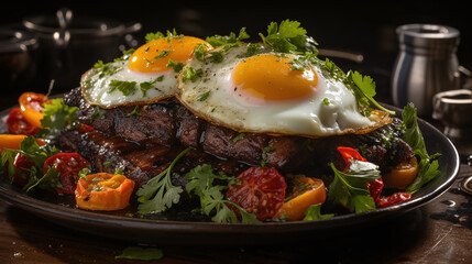 A mouthwatering image of a perfectly grilled steak and egg dish. Food Wallpaper.
