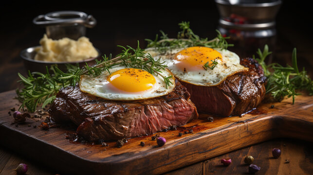 A mouthwatering image of a perfectly grilled steak and egg dish. Food Wallpaper. Generative Ai.