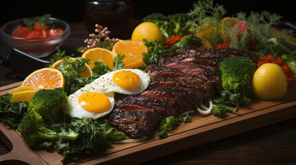 Fototapeta na wymiar A mouthwatering image of a perfectly grilled steak and egg dish. Food Wallpaper. Generative Ai.