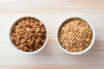 A side-by-side image of a sugary cereal and a bowl of granola.