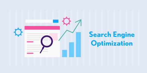 Fototapeta na wymiar Search engine optimization process. Website SEO analysis. Website SEO marketing. Vector illustration background