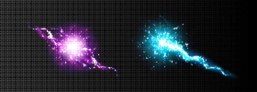Electric lightning energy ball discharge vector. Thunder circle explosion with plasma shock transparent realistic neon 3d element. Magic power spell with thunderball hit. Burst in blue and purple