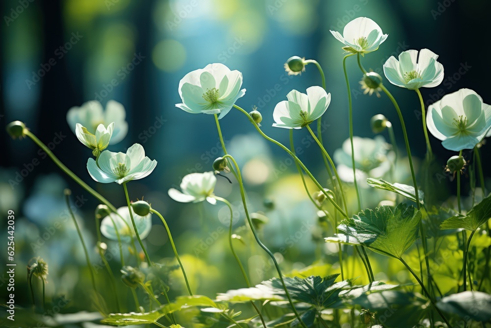 Wall mural floral fresh background in soft daylight with beautiful bokeh and pastel green colors, close-up macr