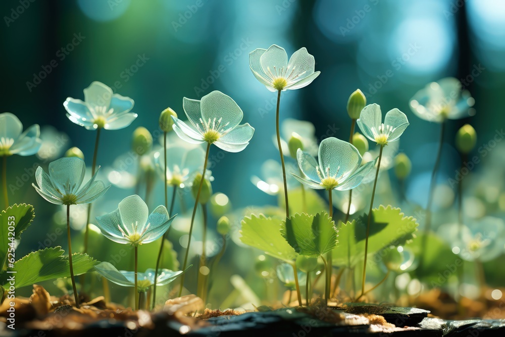 Wall mural floral fresh background in soft daylight with beautiful bokeh and pastel green colors, close-up macr