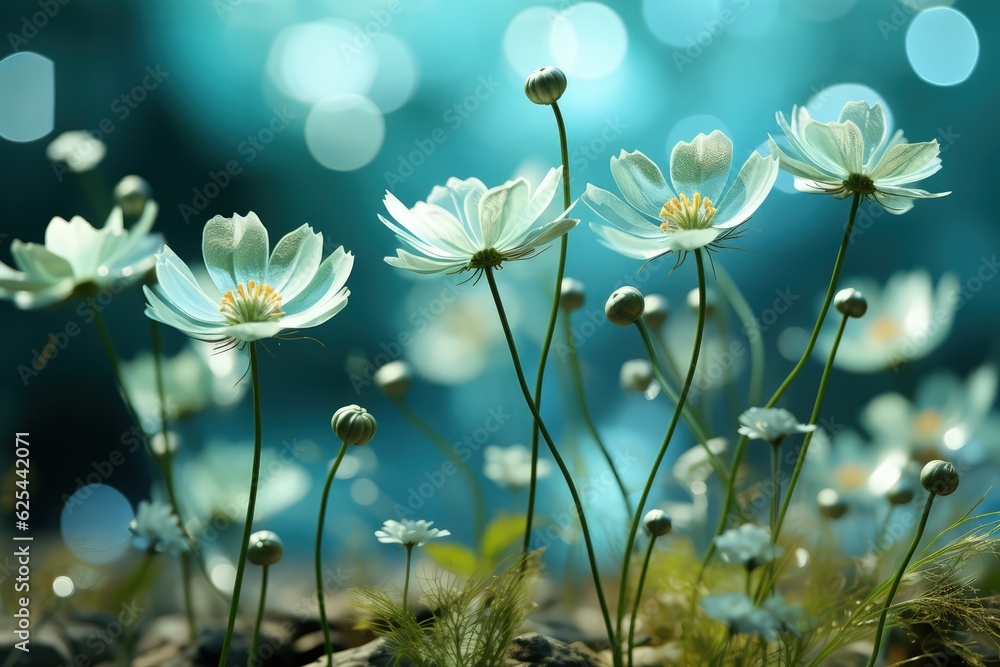 Wall mural floral fresh background in soft daylight with beautiful bokeh and pastel green colors, close-up macr