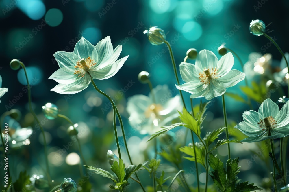 Wall mural floral fresh background in soft daylight with beautiful bokeh and pastel green colors, close-up macr