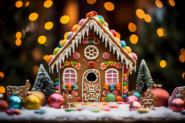 A gingerbread house with candy and icing. Christmas Holidays background - obrazy, fototapety, plakaty