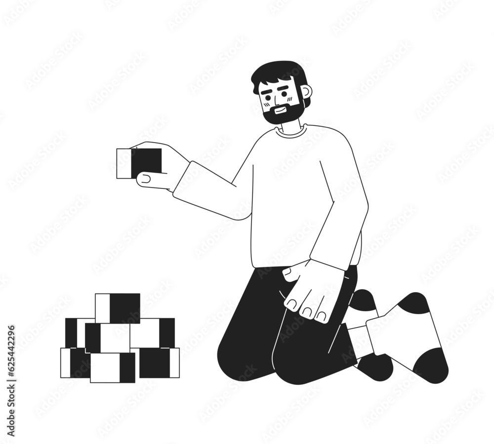 Aufkleber happy bearded father playing with constructor cubes monochromatic flat vector character. dad stackin
