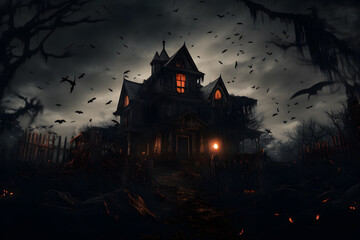 A haunted house with bats and spiders. Halloween background - obrazy, fototapety, plakaty