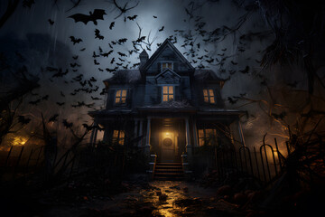 A haunted house with bats and spiders. Halloween background - obrazy, fototapety, plakaty