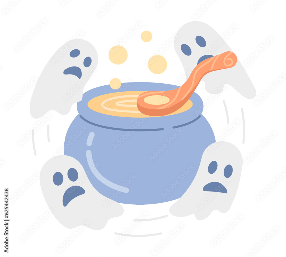 Poster cauldron with ghosts on halloween flat concept vector spot illustration. magic cooking with haunted 
