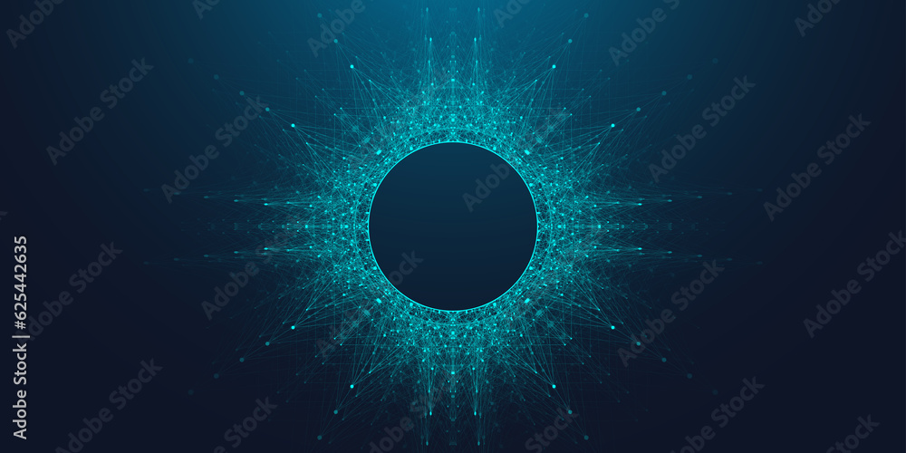 Poster Quantum computing concept. Deep learning artificial intelligence. Big data algorithms visualization for business, science presentations, posters, covers, illustration.