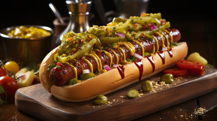 A mouthwatering hot dog advertisement for a renowned food company. Food wallpaper. Generative Ai.