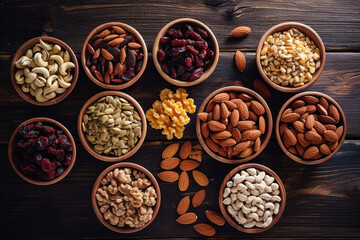 Obraz na płótnie Canvas A variety of healthy snack options, like nuts, seeds, and dried fruits. 