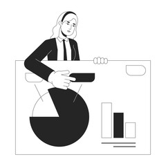 Office lady with business presentation slide bw concept vector spot illustration. Analytics expert 2D cartoon flat line monochromatic character for web UI design. Editable isolated outline hero image